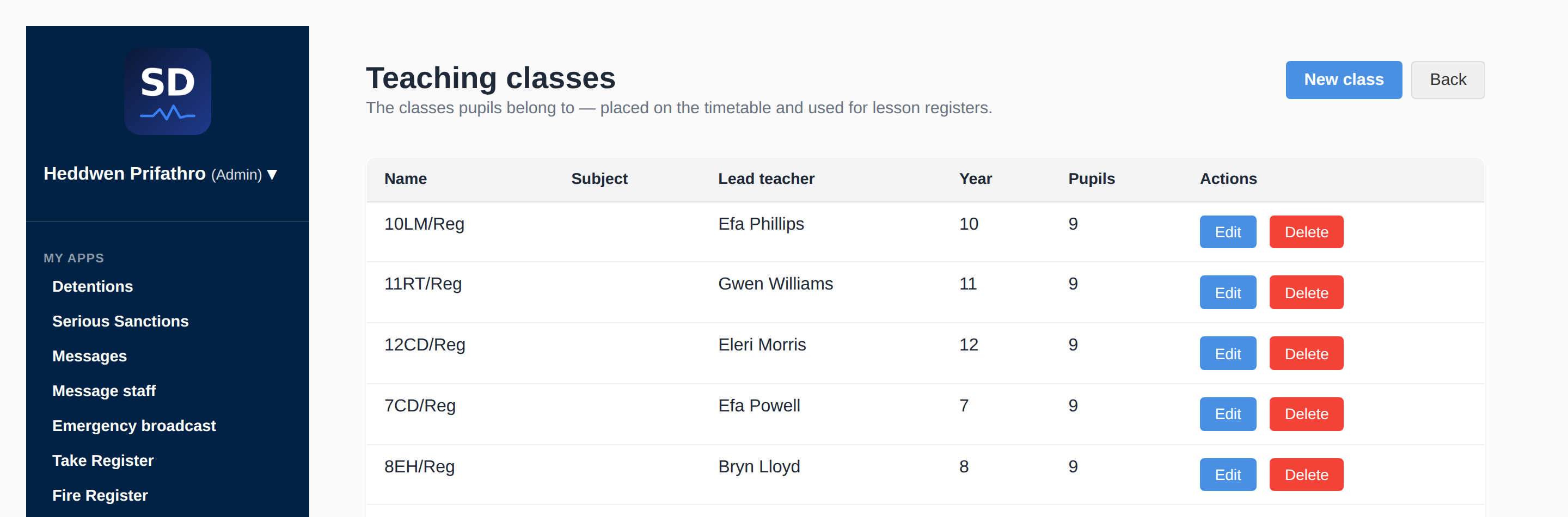 Teaching classes list with class name, subject, lead teacher, year and pupil count