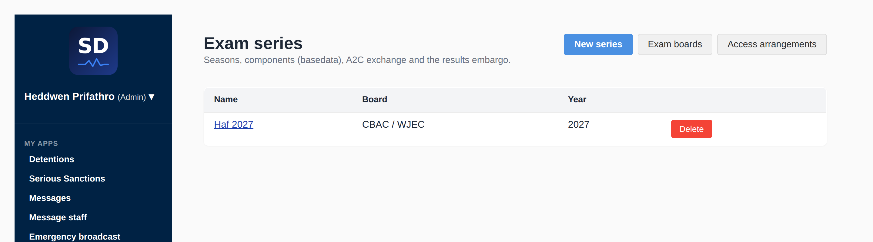 Exam series showing the board and year, with A2C exchange and results embargo